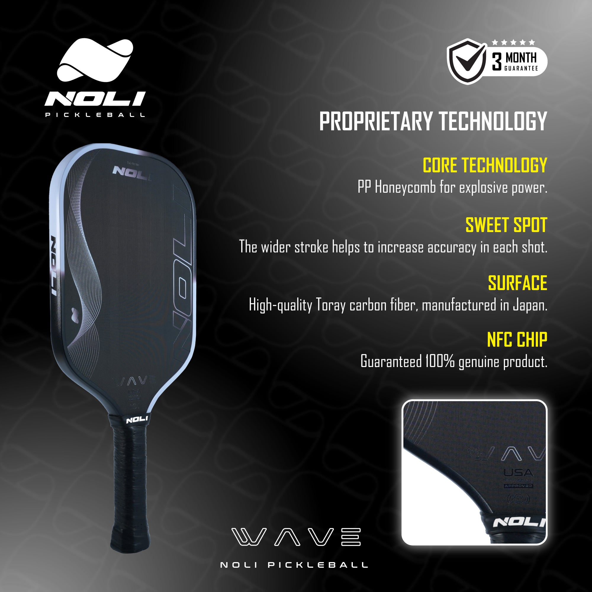 NOLI WAVE Premium Pickleball Paddle – Toray Carbon | Large Sweet Spot | Silver Wave