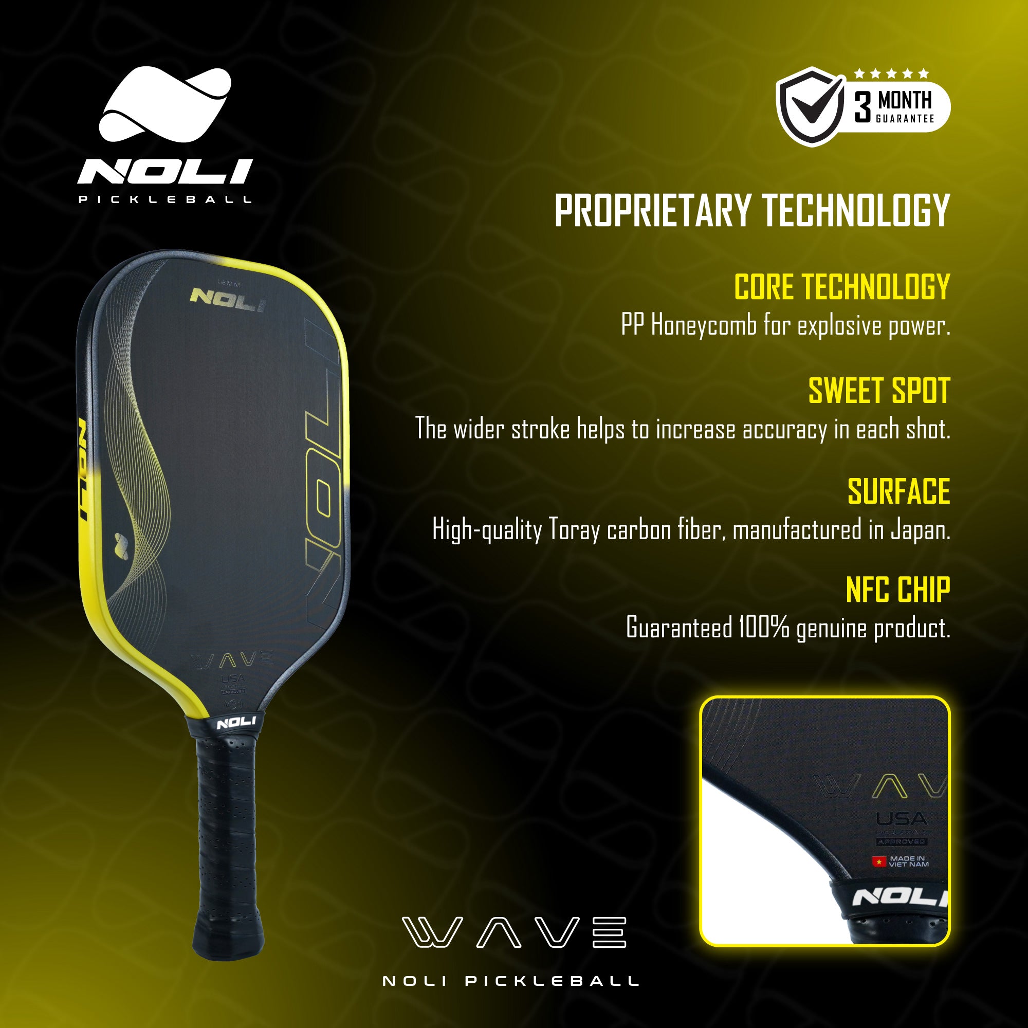 NOLI WAVE Premium Pickleball Paddle – Toray Carbon | Large Sweet Spot | Yellow Wave