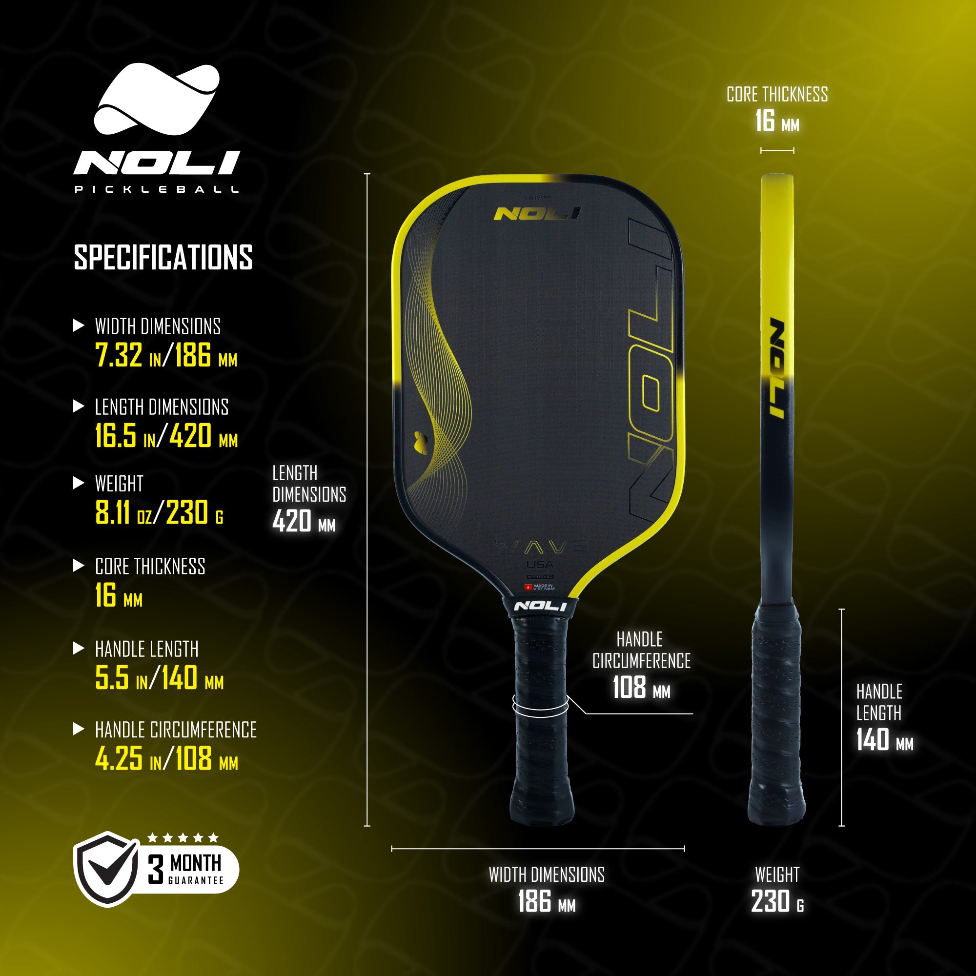 NOLI WAVE Premium Pickleball Paddle – Toray Carbon | Large Sweet Spot | Yellow Wave